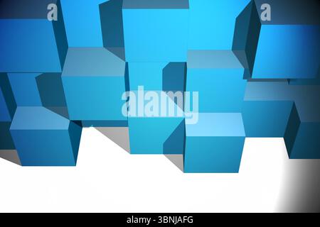 Blue cubes are floating above white plane in 3D render, casting soft shadows on gradient backdrop Stock Photo