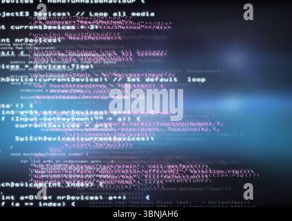 Displaying JavaScript C# HTML code overlaying blurred blue gradient, light flares and bokeh circles Stock Photo