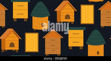 Vector beekeeping seamless pattern. Texture with houses for bees, apiaries, beehive, honeycombs in frames on dark background for wallpaper, fabric Stock Vector