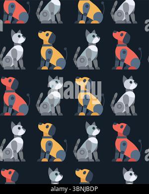 Vector seamless pattern with mechanical pets. Texture with robot dogs and robot cats in row on dark background. Animals of the future for wallpaper Stock Vector