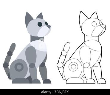 Vector set of mechanical cat clip arts in contour and flat style. Collection of robot kitty. Animals of the future for cards and stickers Stock Vector