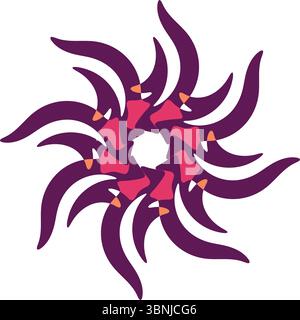 A dynamic circular design with layered purple, pink, and orange petals. Creates an abstract floral swirl on white. Stock Vector