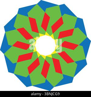 Vibrant geometric radial pattern in blue, green, and red with a yellow center. Intricate, symmetrical design on a crisp white background. Stock Vector