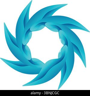 A swirling circular design with layered, fluid blue-cyan petal shapes. Dynamic, abstract, and vibrant graphic on white. Stock Vector
