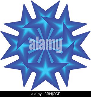 An intricate and vibrant symmetrical circular design featuring multiple blue star-like shapes with gradients, creating a dynamic radial pattern remini Stock Vector