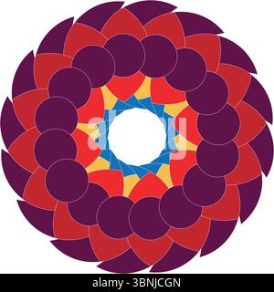 An intricate circular design with interlocking purple, red, gold, and blue petal shapes. A vibrant and symmetrical floral pattern on white. Stock Vector