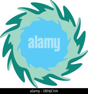 A dynamic circular design with spiky, fluid teal and blue shapes swirling around a central aqua vortex on white. Stock Vector