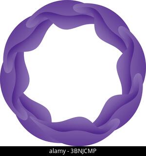 A unique circular design with layered, fluid-like purple wavy segments, creating an abstract and dynamic ring graphic on white. Stock Vector