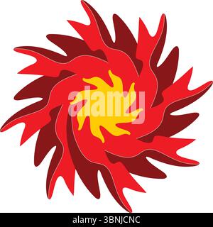 A swirling circular design with layered red and yellow flame-like shapes. Dynamic, abstract, and vibrant graphic on white. Stock Vector