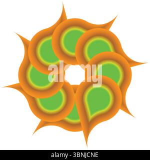 A vibrant geometric design featuring a starburst pattern with orange petals and green centers against a white background. Stock Vector