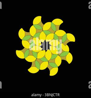 A vibrant geometric pattern featuring overlapping yellow and green petals arranged in a circular design against a black background. Stock Vector