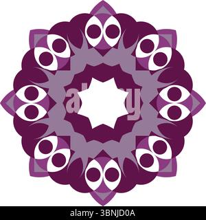 A captivating geometric design featuring a symmetrical mandala pattern with bold purple shapes and white accents against a white background. Stock Vector