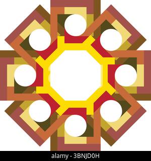 A geometric pattern featuring layered squares in warm brown, gold, and orange hues with a central white circle on a white background. Stock Vector