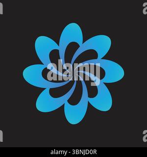 A dynamic blue graphic with swirling petal shapes. Modern floral design on a black background. Stock Vector