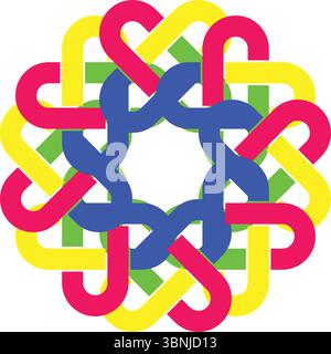 A captivating geometric design featuring interlocking colorful shapes arranged in a symmetrical pattern against a white background. Stock Vector