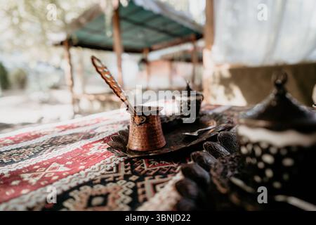 Turkish Coffee Set on a Traditional Tablecloth Stock Photo