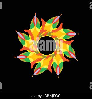 Dynamic abstract design with radial symmetry and floral elements on black background Stock Vector