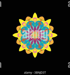 Dynamic abstract design with radial symmetry and mandala-like elements on black background Stock Vector