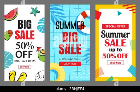 Summer flash sale poster banner templates for advertising. Set of big sale flyers with tropical and beach elements. Stock Vector