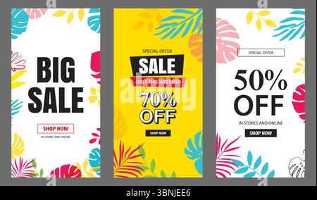 Summer sale poster banner templates for advertising. Set of sale flyers with tropical and beach elements. Stock Vector