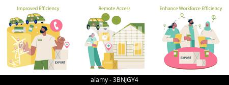 Vector illustration showing three scenes of improved efficiency. Depicts delivery optimization, remote access to resources, and enhanced workforce collaboration. Includes export packages and medical supplies. Stock Vector