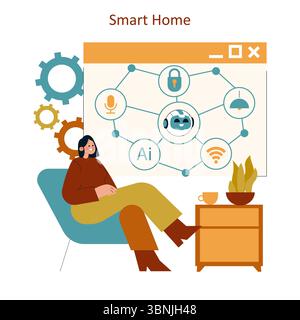 Illustration of a modern home showcasing AI technology. A person interacts with a smart home interface displaying various features. Emphasizes comfort and innovation in home automation for daily life. Stock Vector