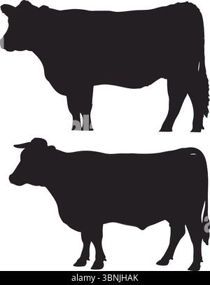 Two Cow Silhouettes Vector, Black Cattle Clipart, Isolated Farm Animal Art, Nature Livestock Illustration, Simple Outline, Rural Design, Dairy, Beef Stock Vector