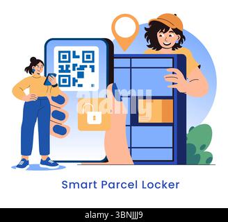 Future of delivery concept. Secure smart parcel locker service automates package pickup using QR codes and smartphone access. Modern contactless delivery for convenient city lifestyle. Vector illustration. Stock Vector
