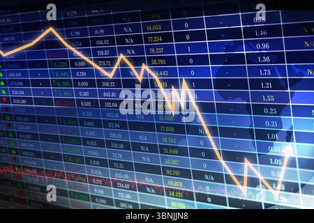 Flat design dashboard is showing grid with arrows, orange zigzag, red trendline and map silhouette Stock Photo