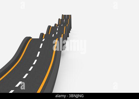 3D-rendered paved road is undulating with dashed center line and yellow edges on white background Stock Photo