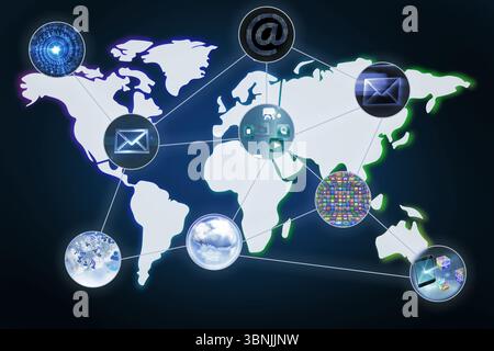 Displaying flat design world map with glowing digital icons linking global communication network Stock Photo