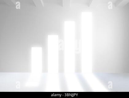 Flat design gallery interior is showcasing four rising light columns and exposed ceiling beams Stock Photo
