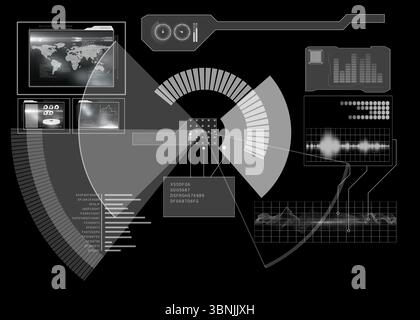 Segmented radial gauge chart is overlaying dark digital interface showing world map and code panel Stock Photo