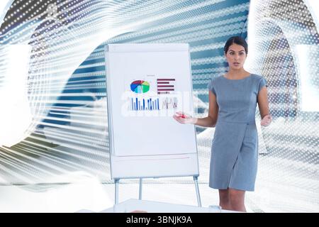 Flip chart easel displaying pie chart, bar graphs, line graph against digital wave in office Stock Photo