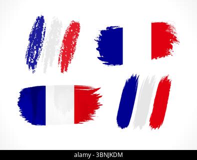 Set of three color flags in brushstroke style. Creative artistic flag of France. Handdrawn graphic. Isolated elements. Holiday event, travel design Stock Vector