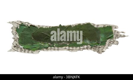 A torn, long green newspaper fragment suitable for use as a textbox background isolated on white background with clipping path Stock Photo