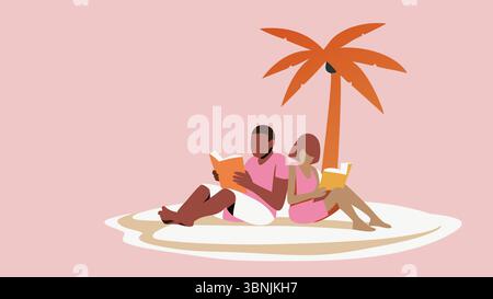 A couple, a man and woman, are seated on the sand at the beach, reading books while enjoying each other's company under a palm tree on a sunny day Stock Photo