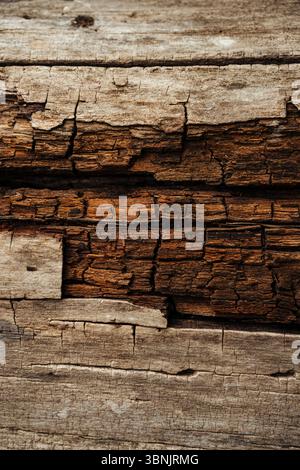 Close up of a weathered wooden surface showing intricate textures and natural patterns. The aged wood features cracks and gradients, highlighting rust Stock Photo