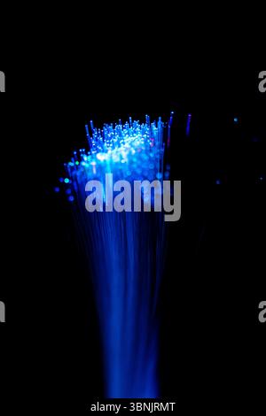 A captivating image of glowing blue optical fibers against a dark background, representing high speed data transmission technology and modern telecomm Stock Photo