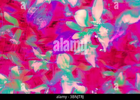 A vibrant abstract image showcasing foliage with vivid chromadynamics, featuring shades of pink, green, and blue. The lively colors blend harmoniously Stock Photo