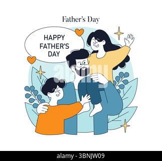 Father's Day illustration depicting a joyful scene with a father and two children expressing happiness and love. Emphasizes the bond of family and celebration. Stock Vector