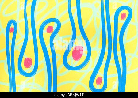 A striking abstract background featuring neon colors and vibrant patterns. Blue lines with red circles intertwine on a yellow background, creating a d Stock Photo