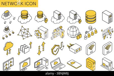 Network-related isometric line icons set of 28 items including cloud computing, data server, router, remote meeting, upload download, security, device Stock Vector