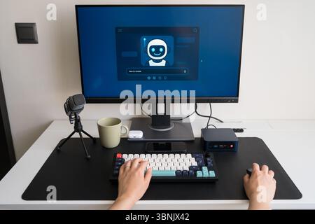 A young professional in a home workspace interacts with a robot assistant for daily tasks, showcasing seamless human-AI interaction, productivity, and Stock Photo