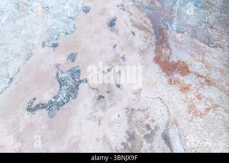 Aerial view of saline textures in Salar de Pocitos, La Puna, Argentina highlights abstract patterns and natural formations from a drone's perspective Stock Photo