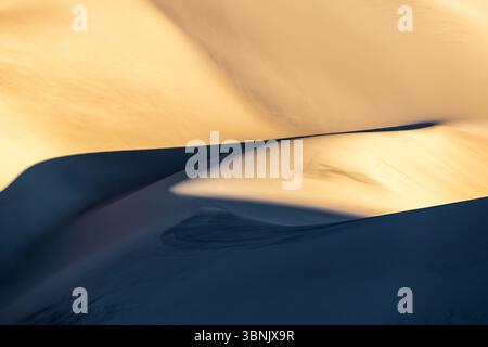 Golden sand dunes create intriguing patterns with light and shadow. The textured landscape crafts a serene yet dynamic look, showcasing nature's artis Stock Photo