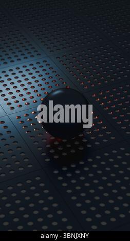 A glowing orb rests on a dark patterned surface, emitting a soft light highlighting the intricate design. This setup evokes a modern tech aesthetic Stock Photo