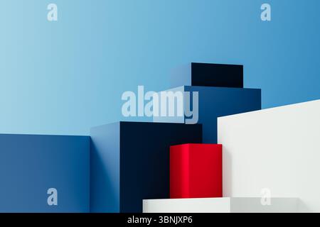Colorful geometric forms rise against a blue backdrop, showcasing simple modern design in a captivating 3D arrangement during daytime. Stock Photo