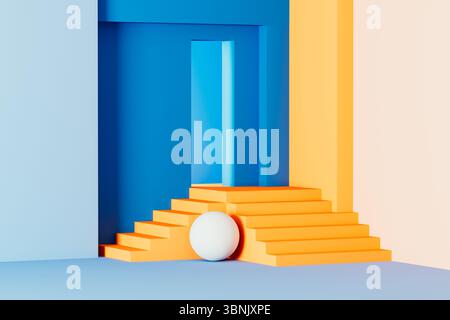 Bright geometric shapes form an artistic display featuring bold colors and a round object at the foot of stairs emphasizing modern design. Stock Photo