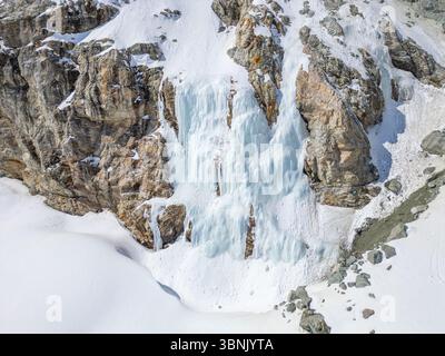 Stunning aerial view of a picturesque glacier nestled in the Swiss Alps, showcasing the majestic ice and rocky terrain. A testament to the beauty of n Stock Photo